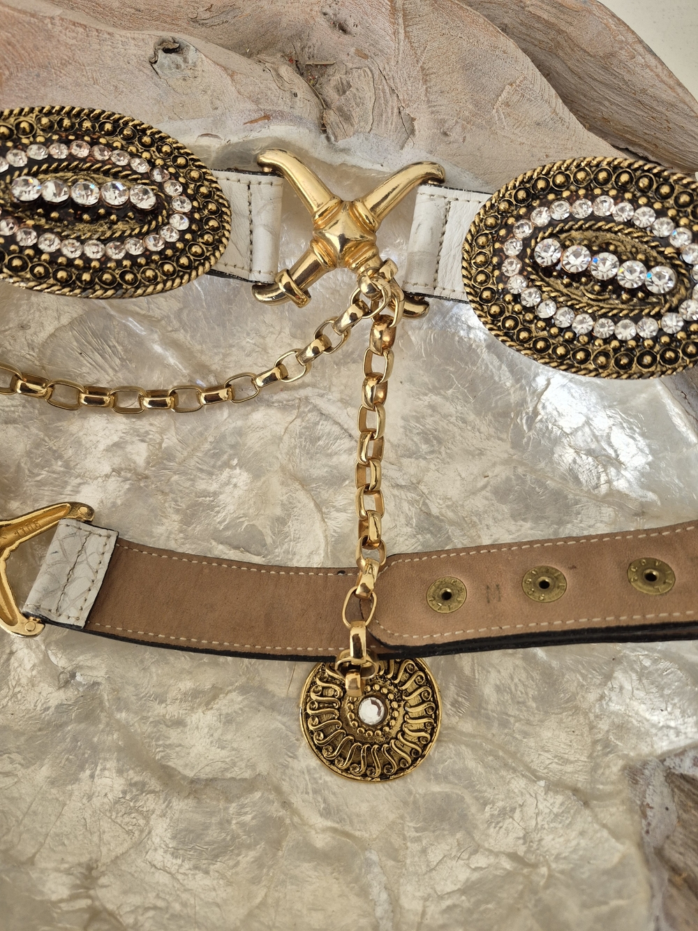 💕White Leather Belt with Gold Chain and Crystal Medallions💕
